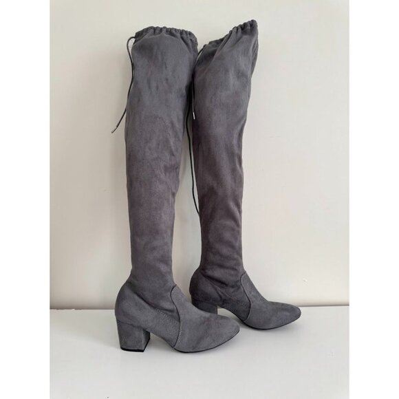 Ladies Grey Thigh High Faux Saude Boots Size 7 - Picture 1 of 6